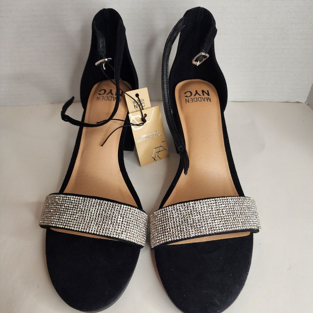 NIB MADDEN NYC WOMENS BLACK SZ 11 RHINESTONE ILLIE CITY BLOCK HEEL STRAPPYSANDAL